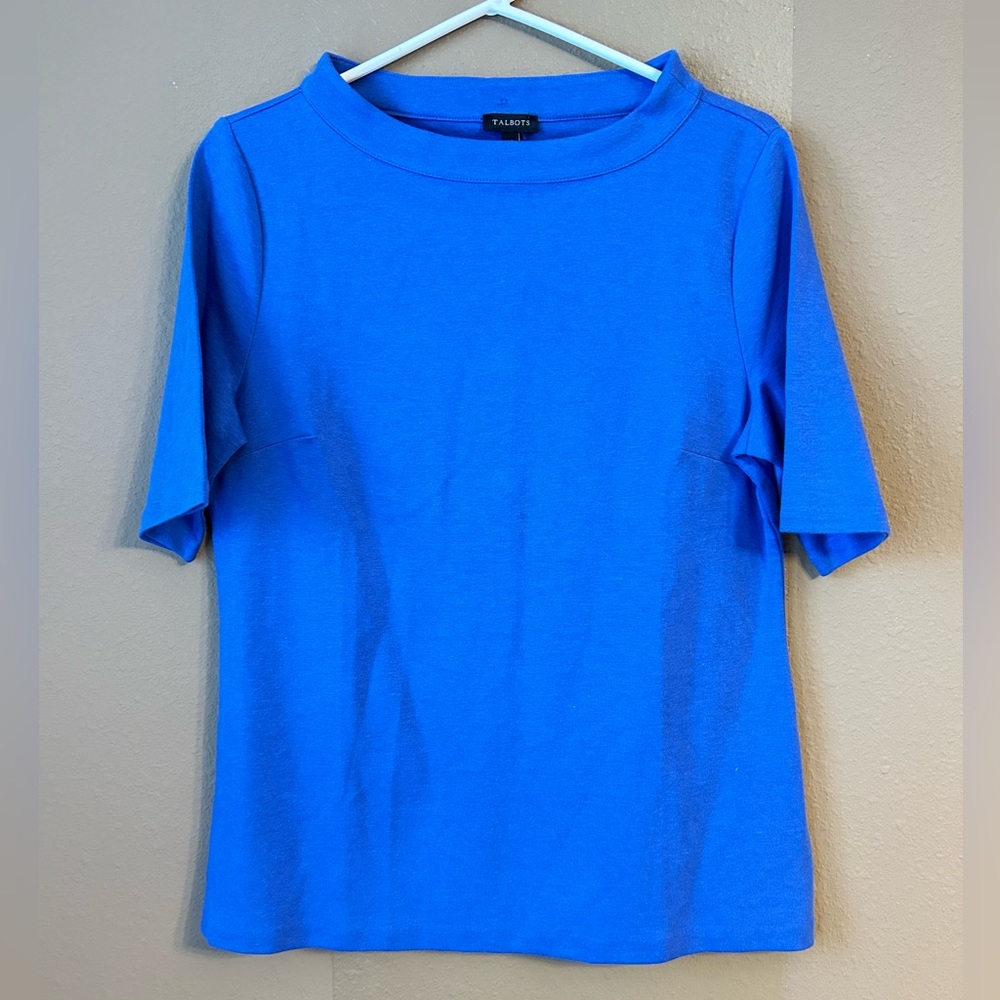 Talbots Blue Short Sleeve Button Back Mock Turtle Neck Cotton Blend Top Size M
